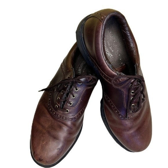 Men’s Golf Shoe Oxford Sz 10 1/2 M Bn Leather Soft Spikes Plain Toe Flaw FootJoy - Picture 1 of 15